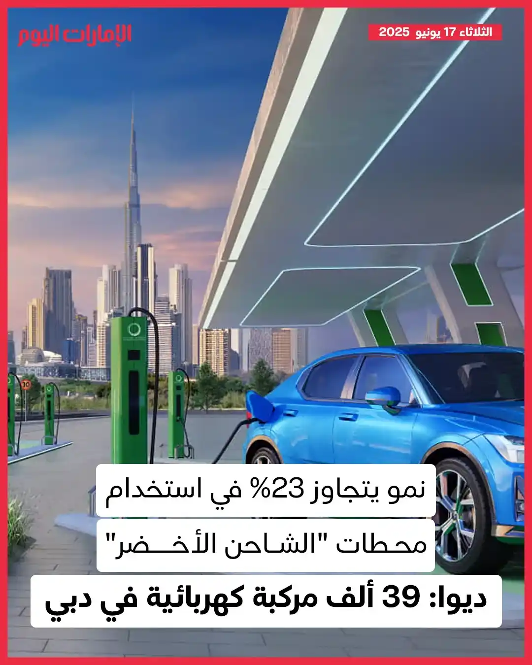 Image from صحيفة الإمارات اليوم: نمو يتجاوز 23% في استخدام محطات "الشاحن الأخضر" *ديوا: 39 ألف مركبة كه...