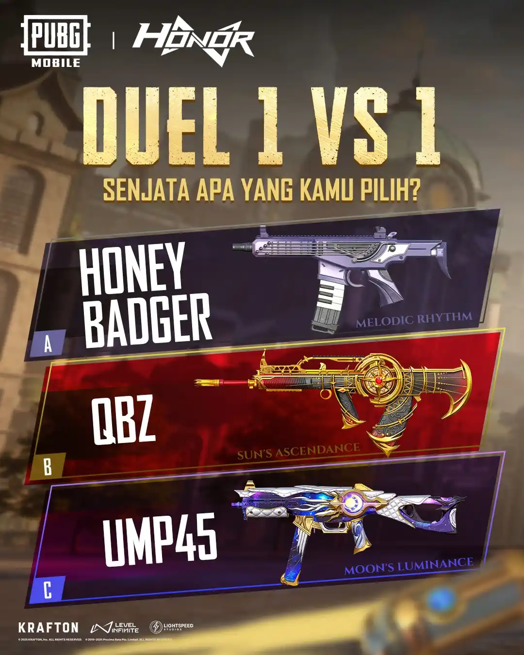 Image from PUBG MOBILE Indonesia: 1 lawan 1 di zona terakhir... Dari ketiga senjata ini, yang mana palin...