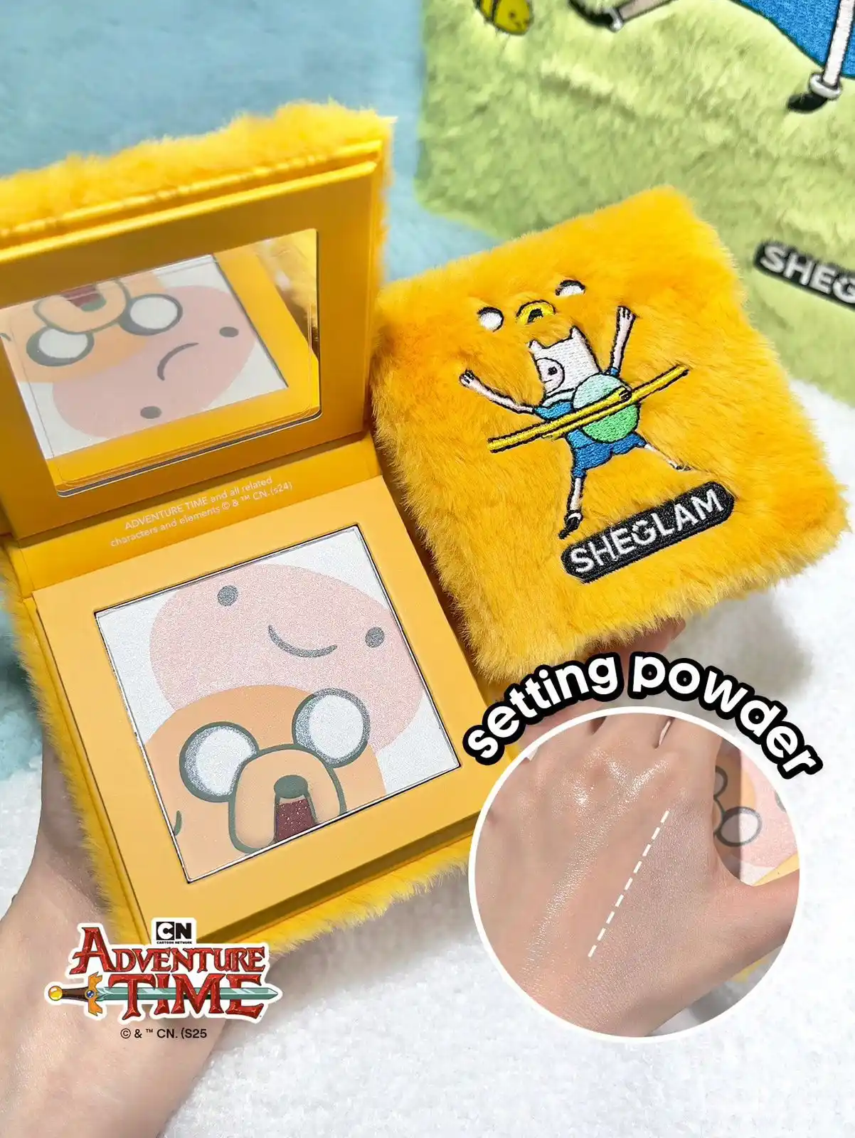 Image from miau promos. 💗🎀: *🛍️ 62% OFF!*  ￼SHEGLAM X Adventure Time - pó de fixação.✨  De: R$71,...