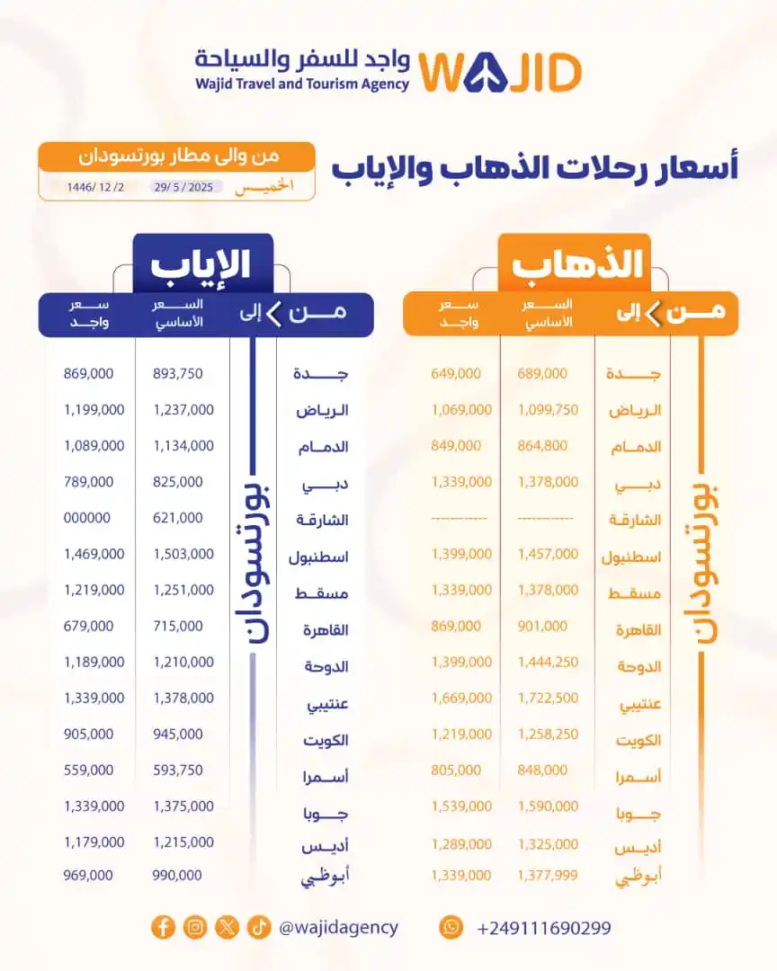Image from وكالة واجد للسفر و السياحة : 🟢 أسعار رحلات *الذهاب والاياب* من مطار بورتسودان الدولي الاثنين: 2/6...
