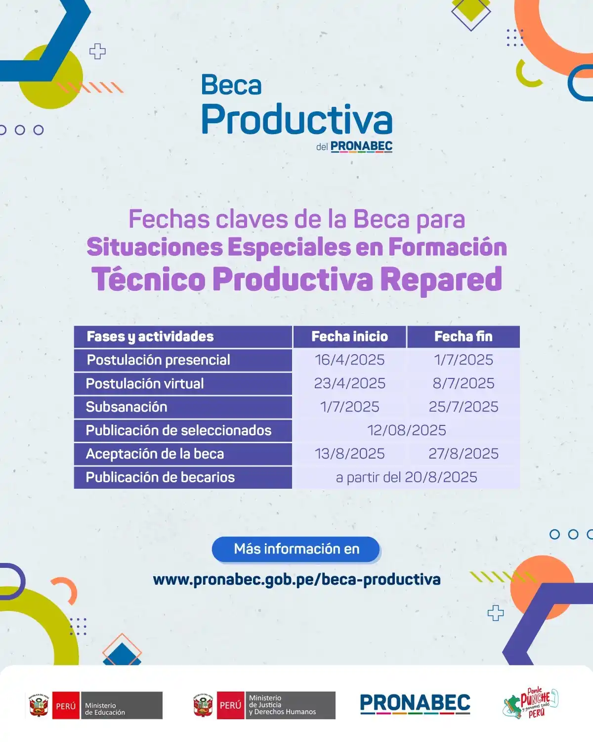 Image from Ministerio de Justicia y Derechos Humanos del Perú: 🗓️ *¡Aún estás a tiempo para postular a la Beca Productiva Repared!* ...