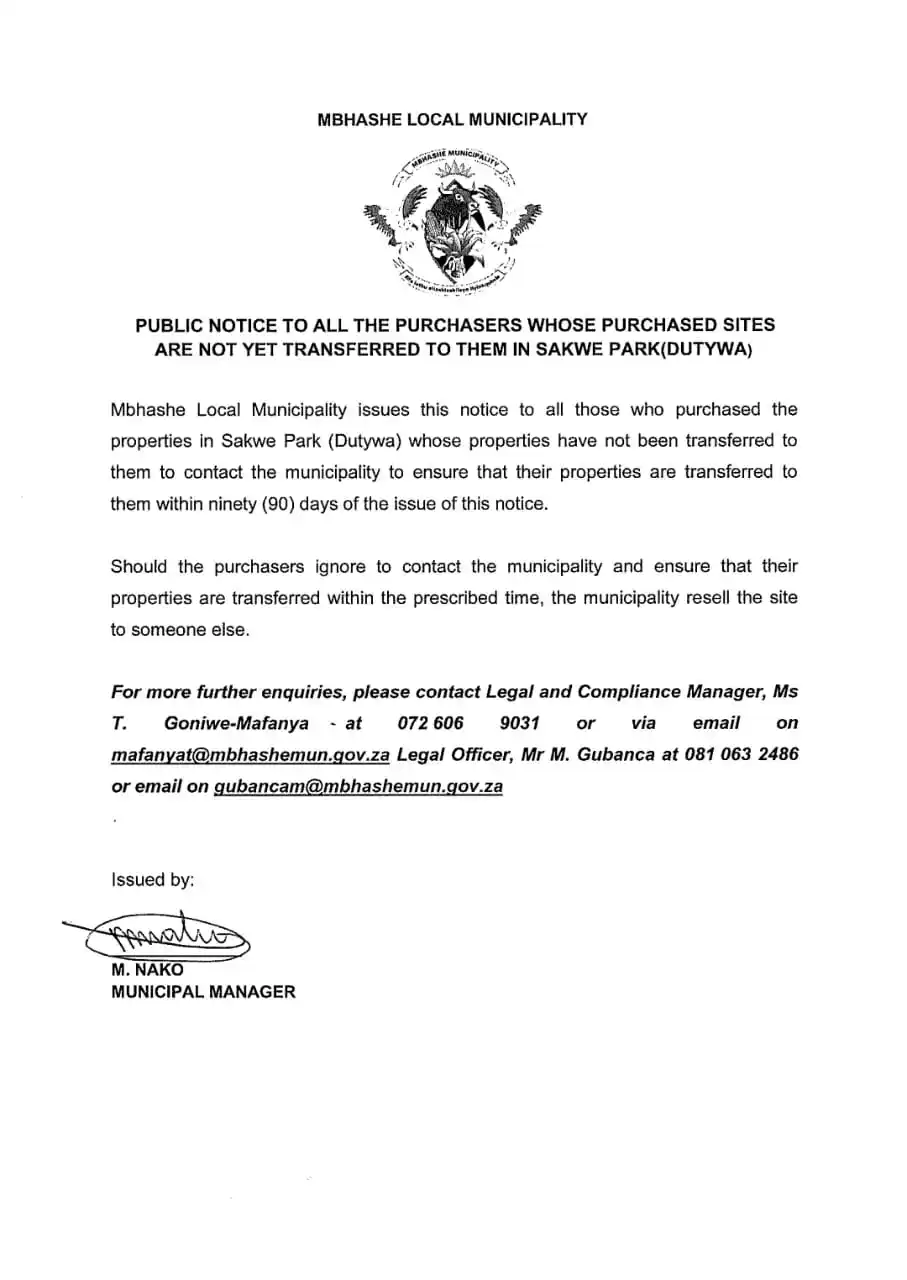 Image from Mbhashe Local Municipality : 📢Public Notice Attention to all property purchasers in Sakwe Park, D...