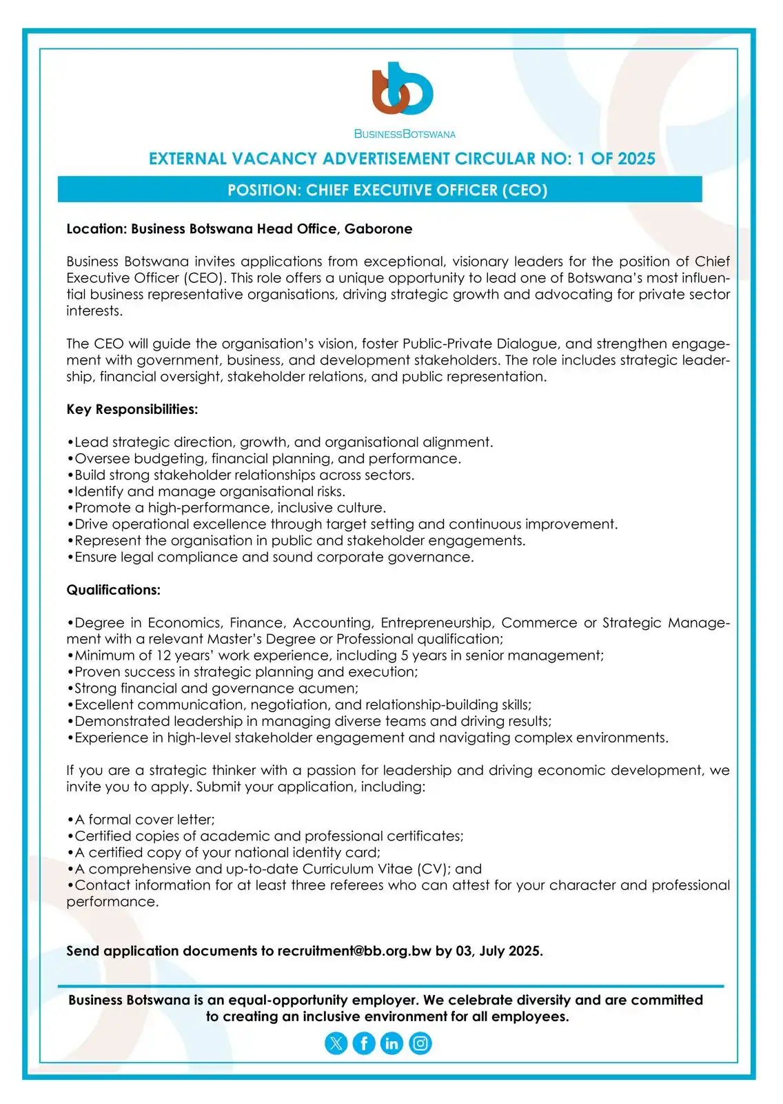 Image from Business Botswana: 📢𝗩𝗮𝗰𝗮𝗻𝗰𝘆 𝗔𝗻𝗻𝗼𝘂𝗻𝗰𝗲𝗺𝗲𝗻𝘁: 𝗖𝗵𝗶𝗲𝗳 𝗘𝘅𝗲𝗰𝘂𝘁𝗶𝘃...