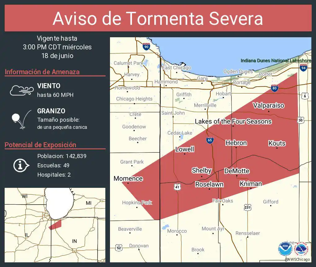 Image from Univision Chicago : Aviso de tormenta severa para el este del condado Lake en Illinois y p...