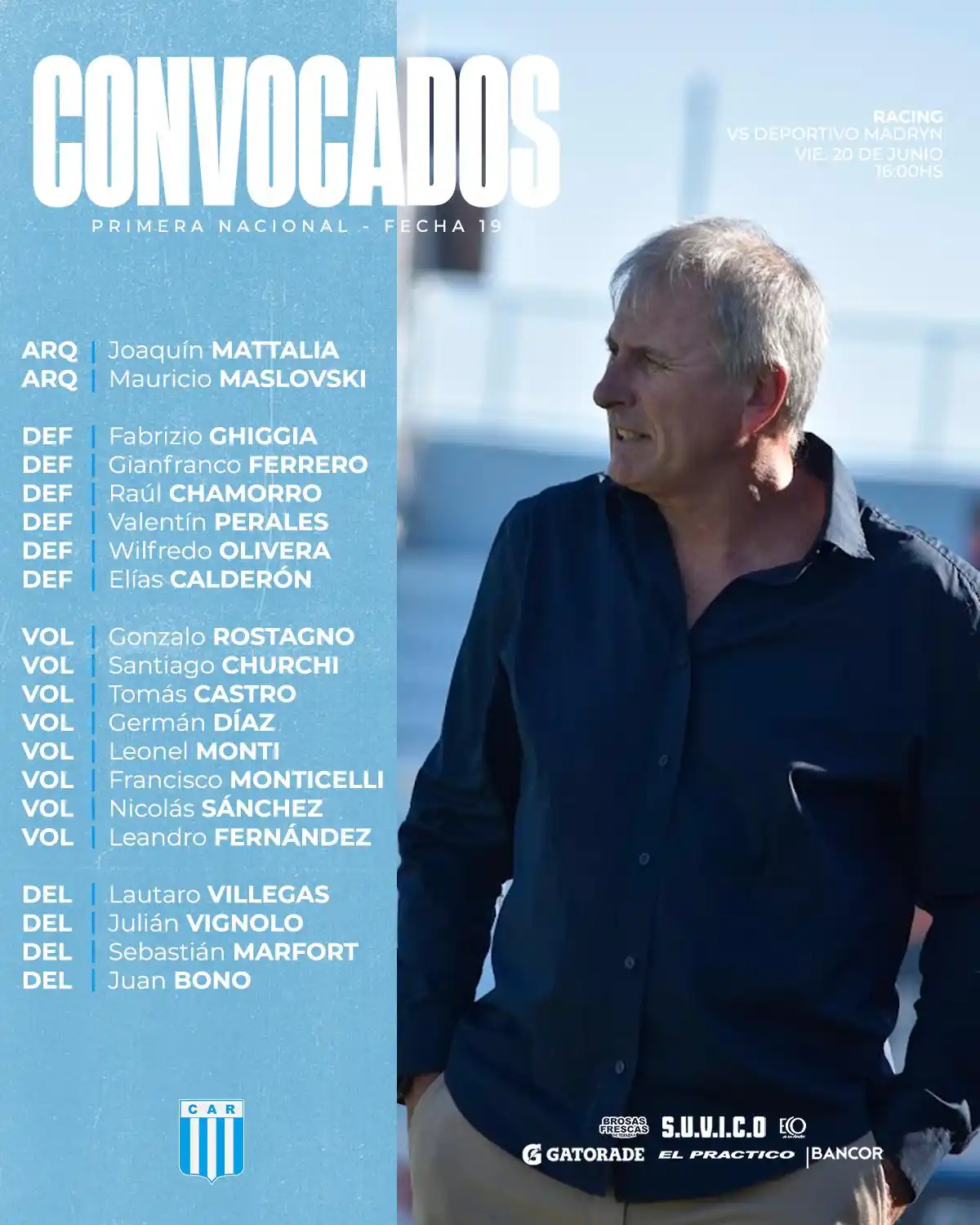 Image from Club Atlético Racing: 📋 Convocados 🆚 Dep. Madryn para la fecha 19 de la <a class="text-blu...