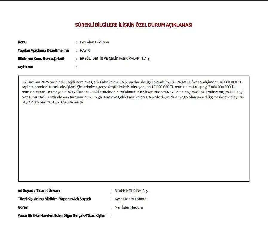 Image from Trive: EREGL - Geri Alım ATAER HOLDİNG, 26,18 – 26,68 TL fiyat aralığı 18....