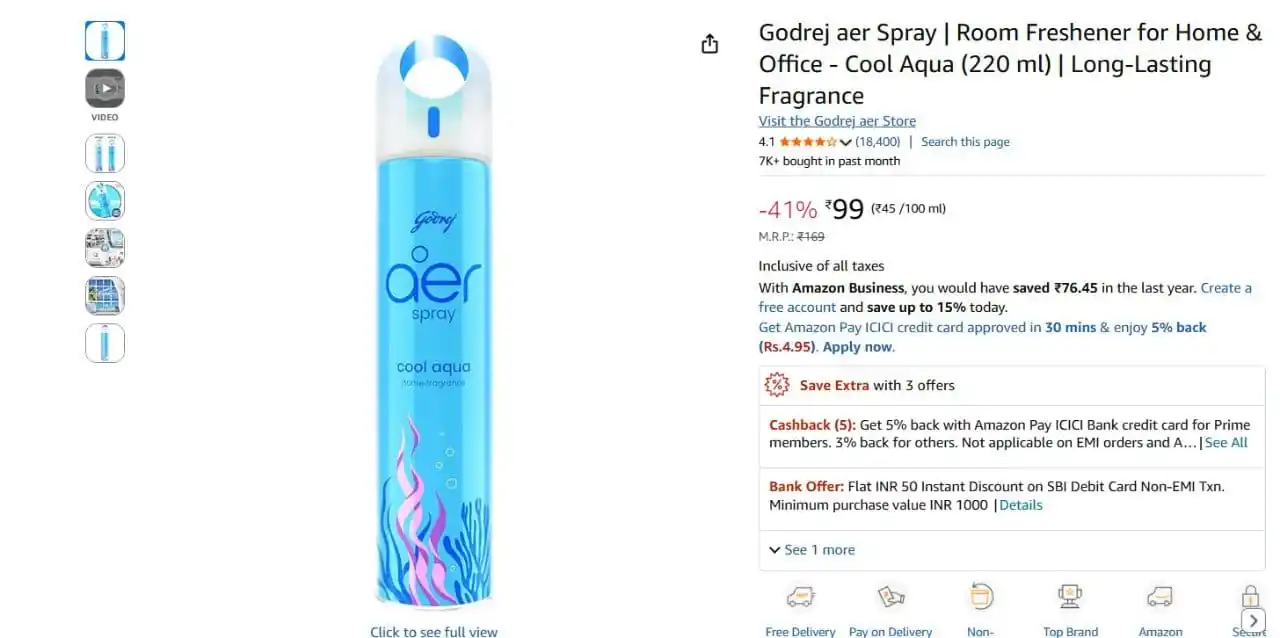 Image from The lightning Deals: Godrej aer Spray | Room Freshener at Rs.99 https://amzn-to.co/nNPtXJ...