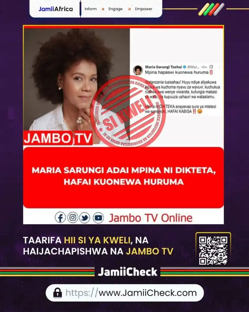 Image from JamiiCheck: Kwa kutumia utafutaji wa maneno muhimu, JamiiCheck imejiridhisha kuwa ...
