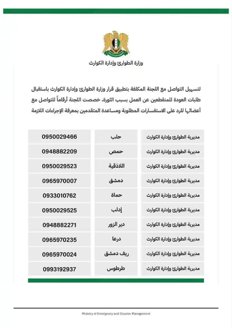 Image from طوارئ حلب: لتسهيل التواصل مع اللجنة المكلفة بتطبيق قرار وزارة الطوارئ وإدارة الكو...