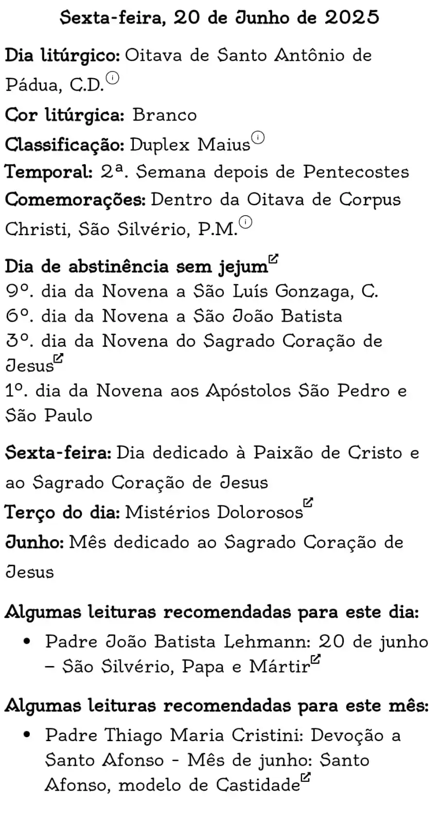 Image from Zelanti - Em Defesa da Doutrina Católica: *Calendário Litúrgico Tradicional*  Sexta-feira, 20 de Junho de 2025  ...