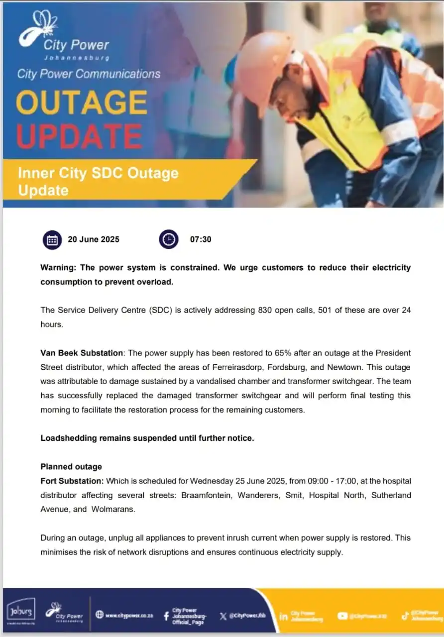 Image from Inner-City SDC Outage Updates: City Power Inner City Service Delivery Centre (SDC) is actively addres...