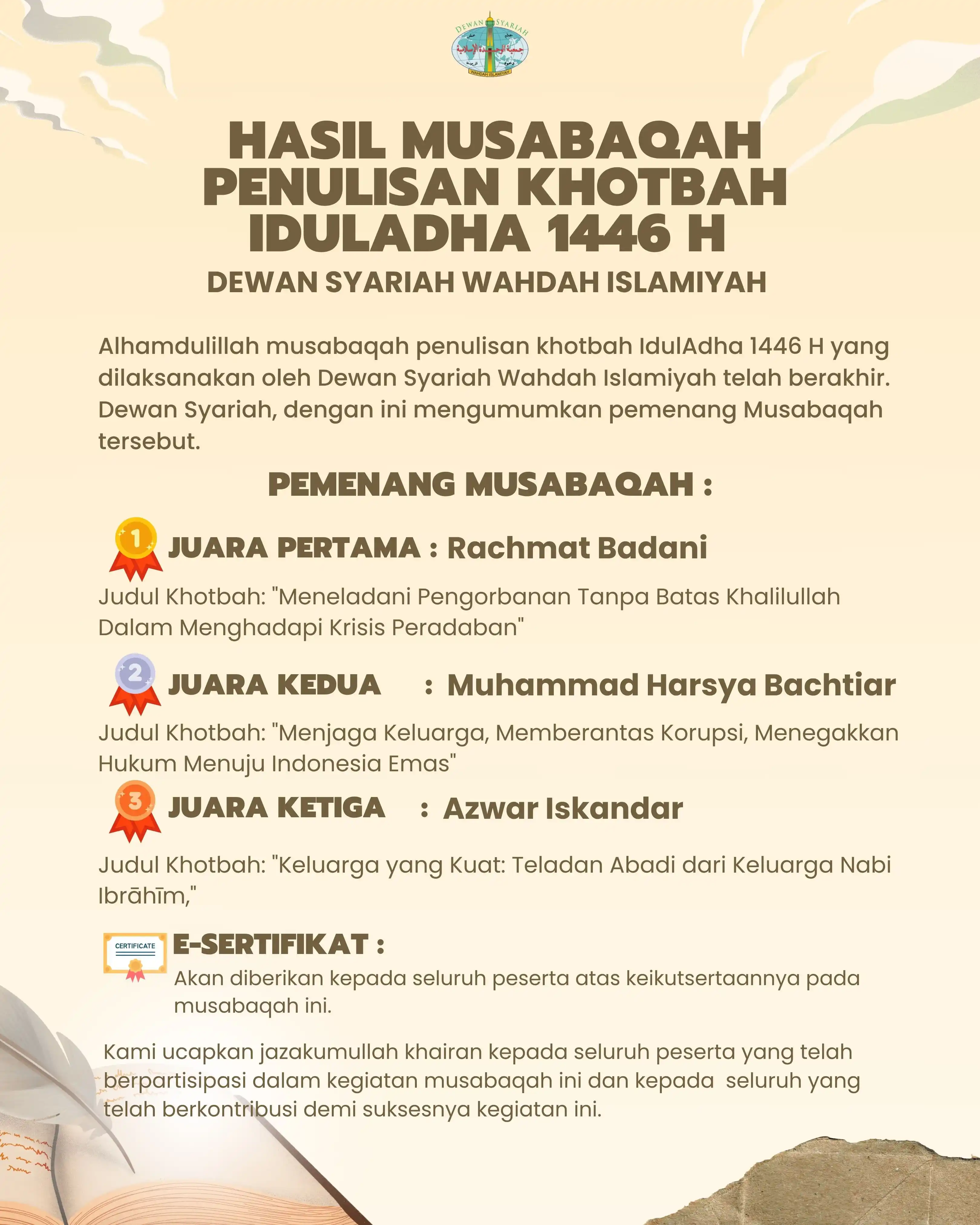 Image from Fawaid Dewan Syariah WI: *HASIL MUSABAQAH PENULISAN KHOTBAH IDUL ADHA 1446 H* Dewan Syariah Wah...