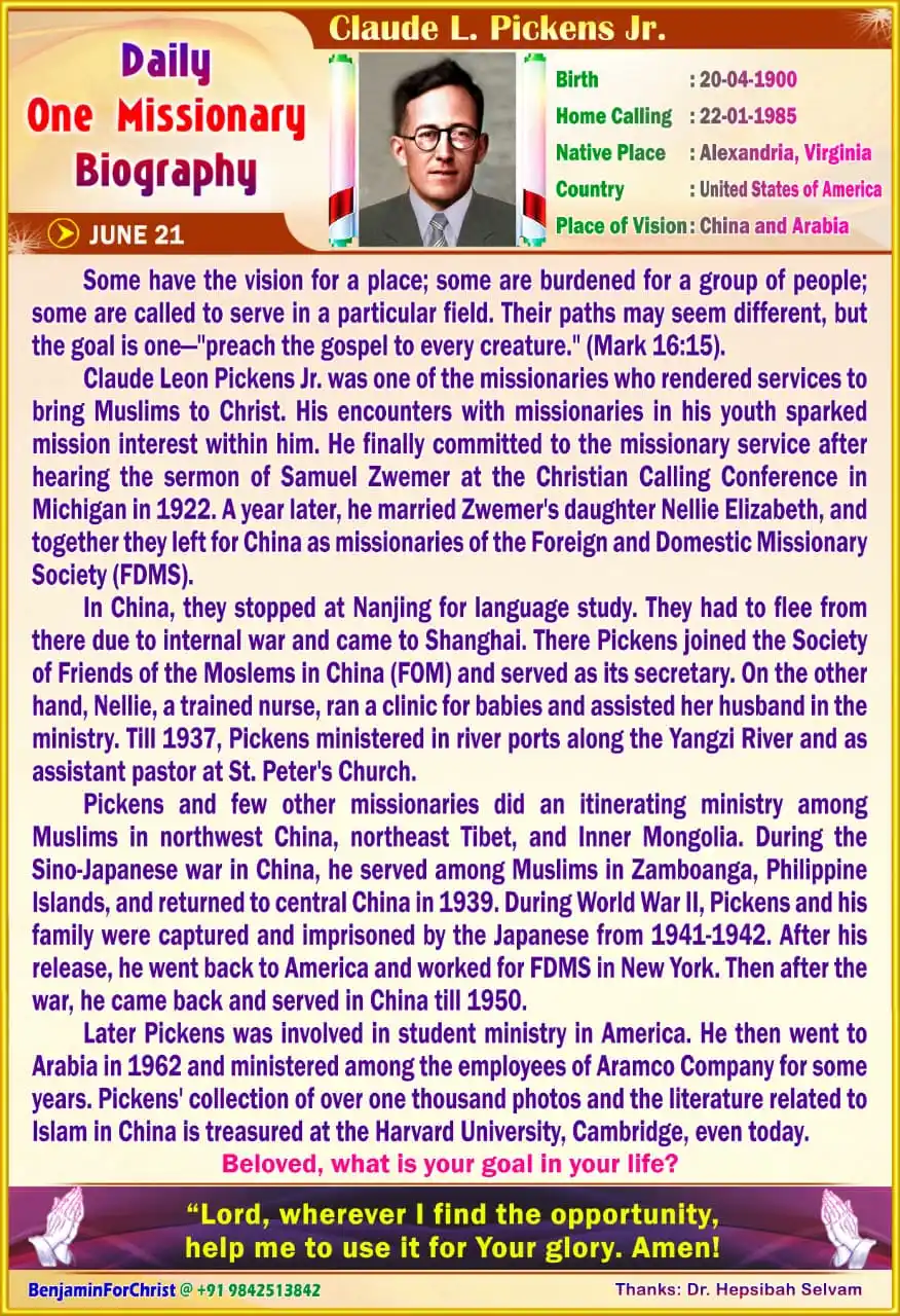 Image from Daily One Missionary Biography: ⛪ June 21 ⛪ English ⛪ Daily One Missionary Biography ⛪ Claude L. Picke...