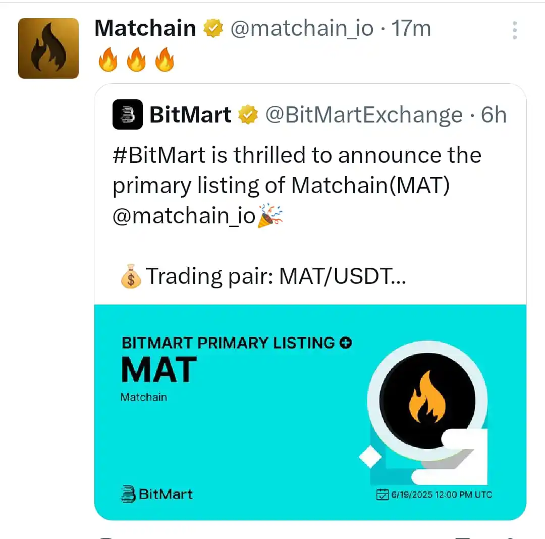Image from 👑👑Boom Boom Free Earning With Faraz 🪽🪽: Matchain $MAT listing has been confirmed on BitMart Exchange....