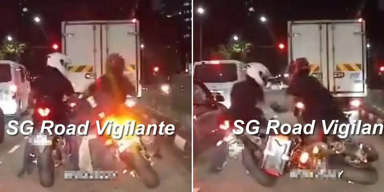 Image from MS News: *S’pore motorcyclist falls on top of another rider after doing stretch...