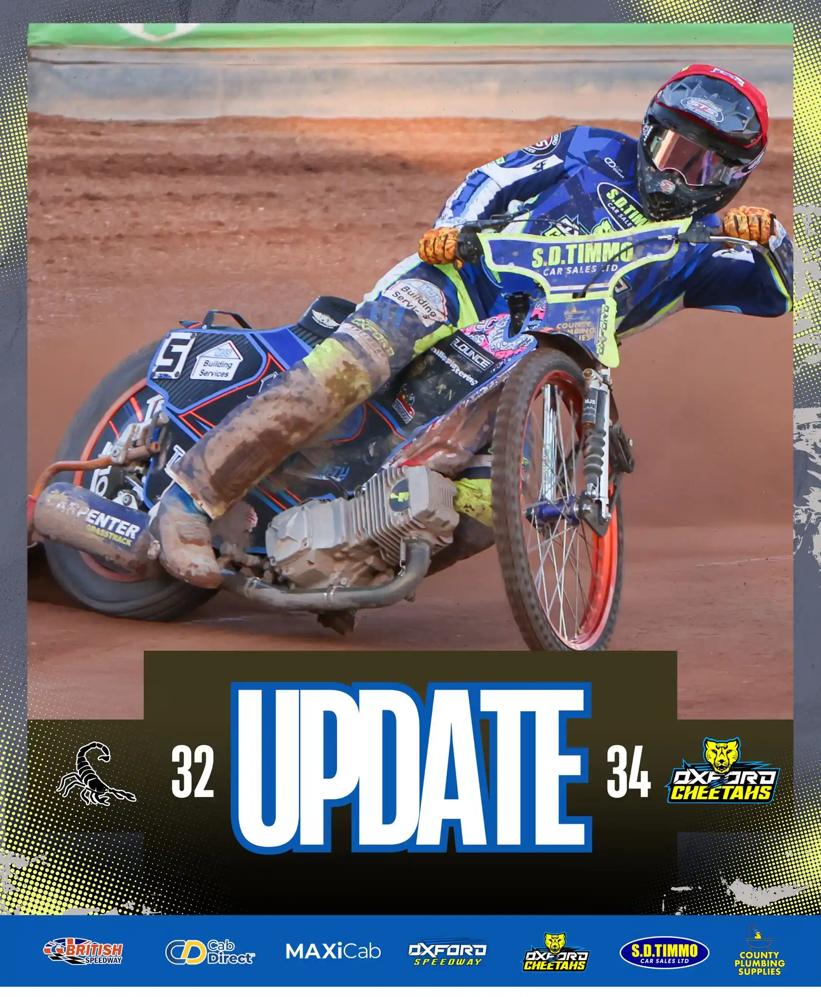 Image from Oxford Speedway: 𝗨𝗣𝗗𝗔𝗧𝗘 | After 1️⃣1️⃣ heats 🦂 32-34 🐆 Killeen wins heat 8️⃣,...