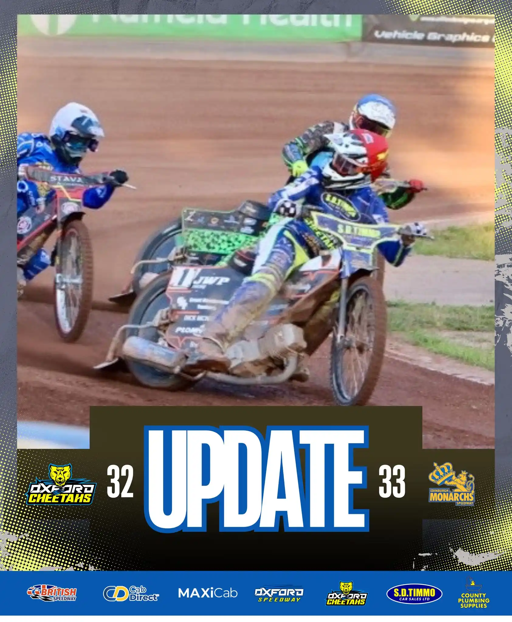 Image from Oxford Speedway: 𝗨𝗣𝗗𝗔𝗧𝗘 | After 1️⃣1️⃣ heats 🐆 32 (72)-(83) 33 👑 Jenkins batt...