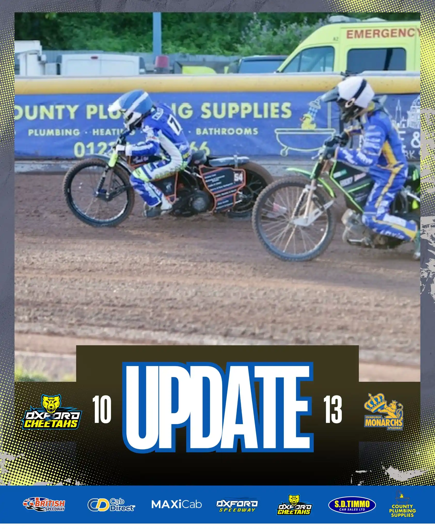 Image from Oxford Speedway: 𝗨𝗣𝗗𝗔𝗧𝗘 | After 4️⃣ heats 🐆 10 (50)-(63) 13 👑 Two 4-2 exchang...