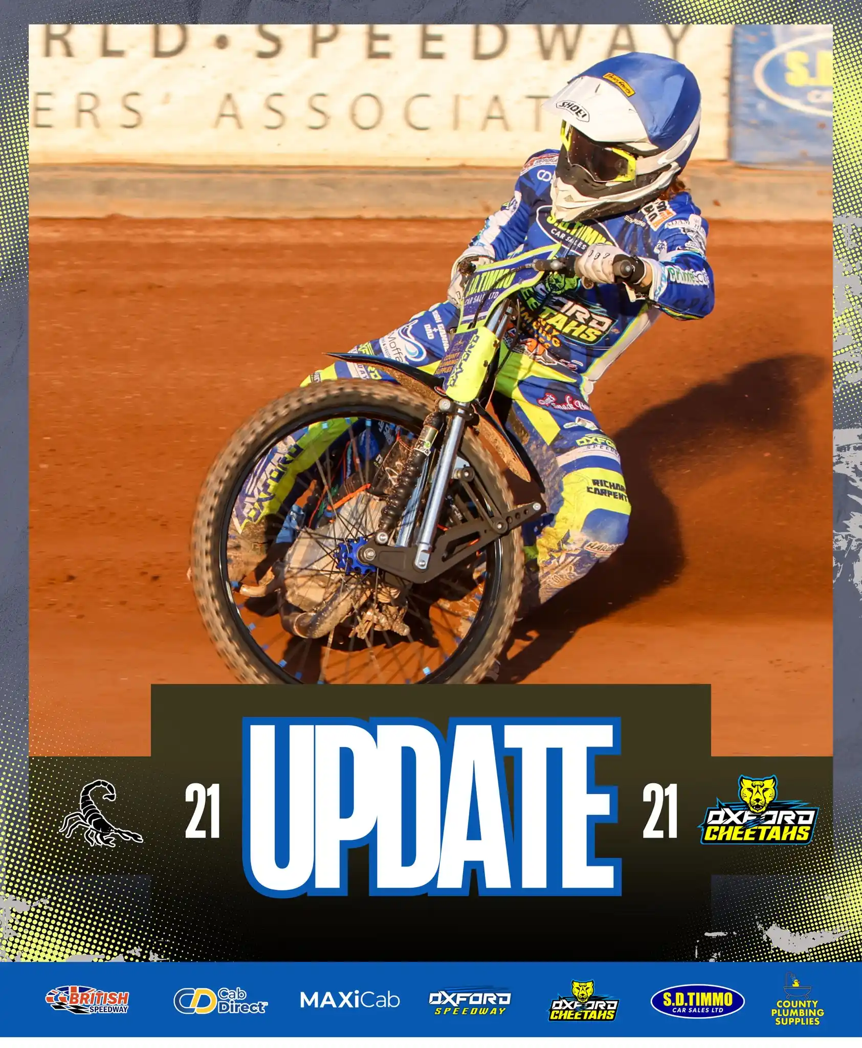 Image from Oxford Speedway: 𝗨𝗣𝗗𝗔𝗧𝗘 | After 7️⃣ heats 🦂 21-21 🐆 Scunthorpe nudge ahead wi...