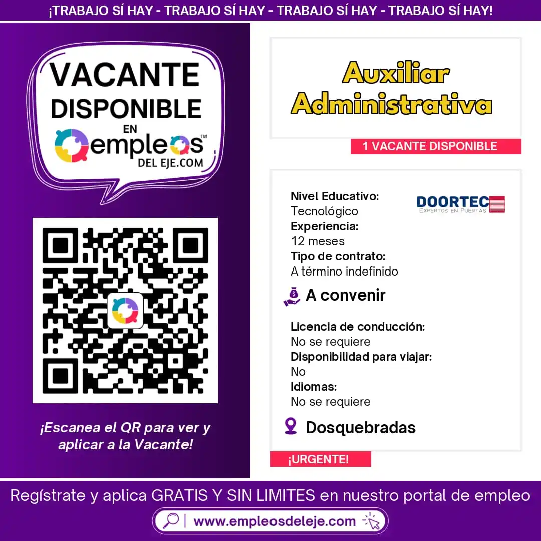 Image from Empleos Del Eje: 🟣 Doortec S.A.S busca AUXILIAR ADMINISTRATIVA 🗂️📋  📍 Ubicación: Do...