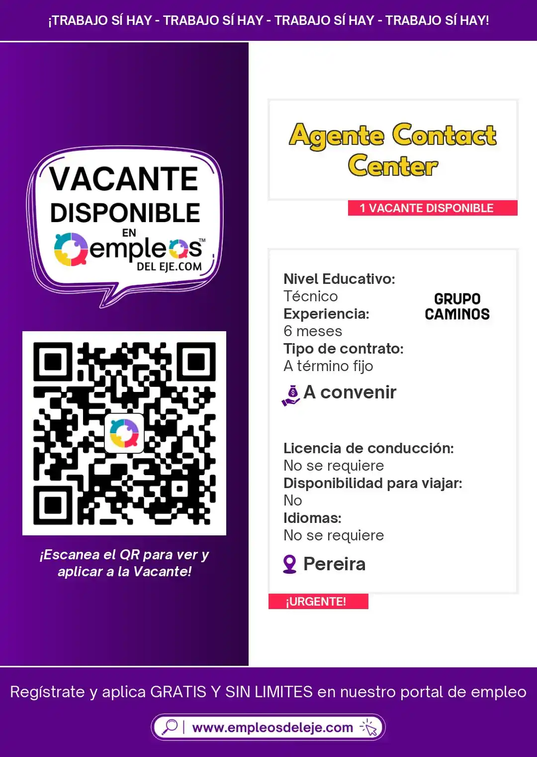 Image from Empleos Del Eje: 🟣 ¡Grupo Caminos busca AGENTE CONTACT CENTER! ☎️ 📍 Ubicación: Perei...