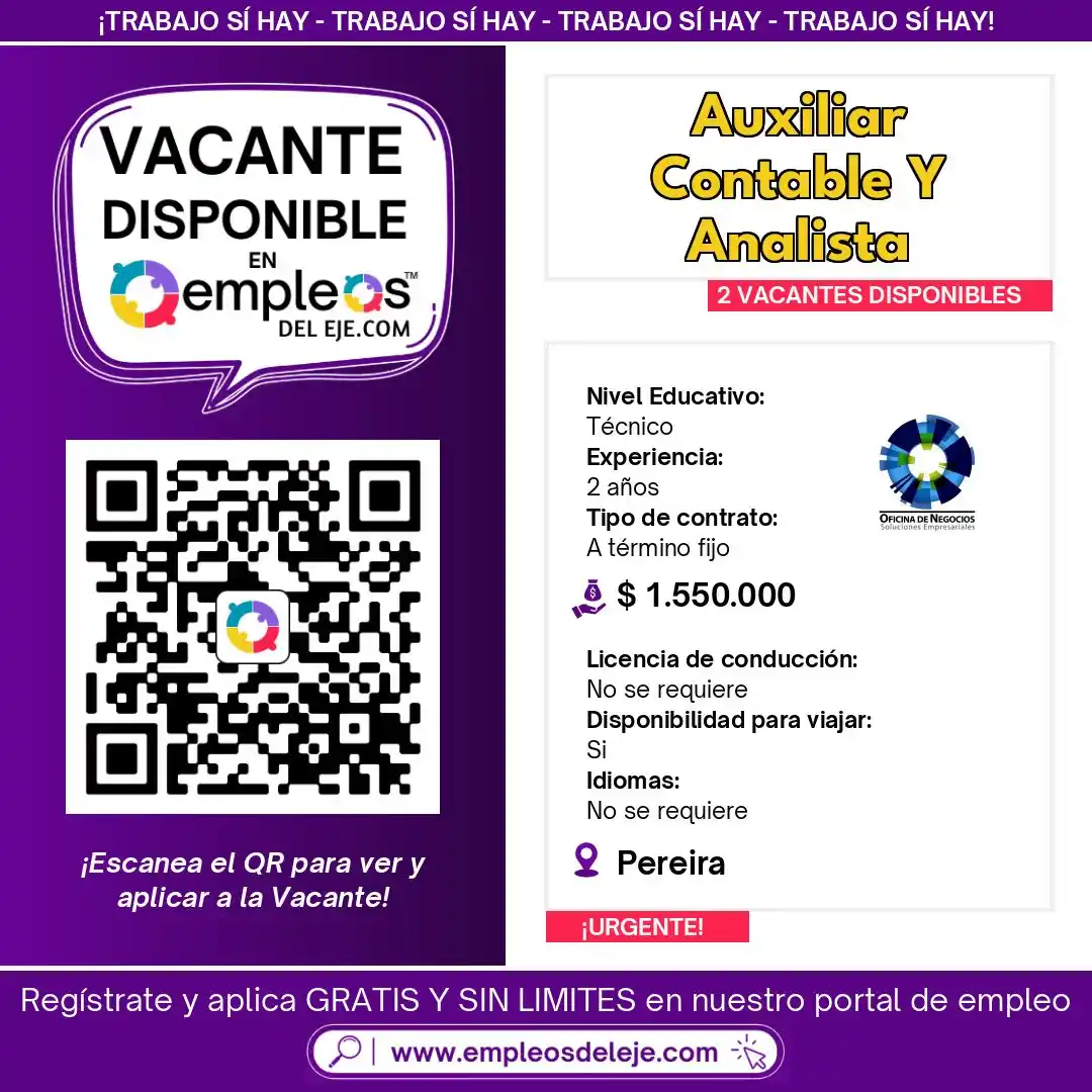 Image from Empleos Del Eje: 🟣 ¡Oficina de Negocios S.A.S busca AUXILIAR CONTABLE Y ANALISTA! 📊 ...