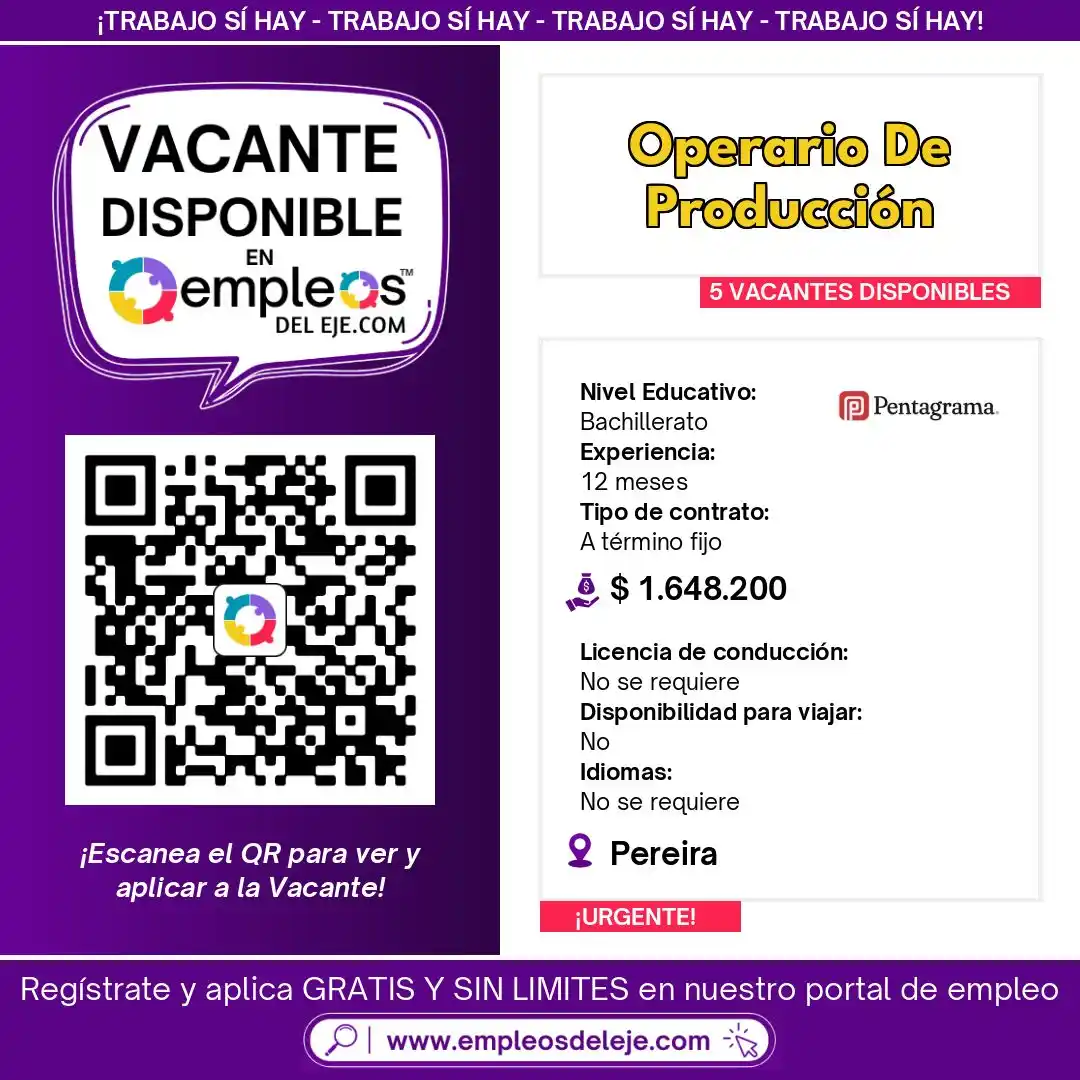 Image from Empleos Del Eje: 🟣 ¡PENTAGRAMA S.A.S. busca OPERARIOS DE PRODUCCIÓN! 🏭 📍 Ubicación:...