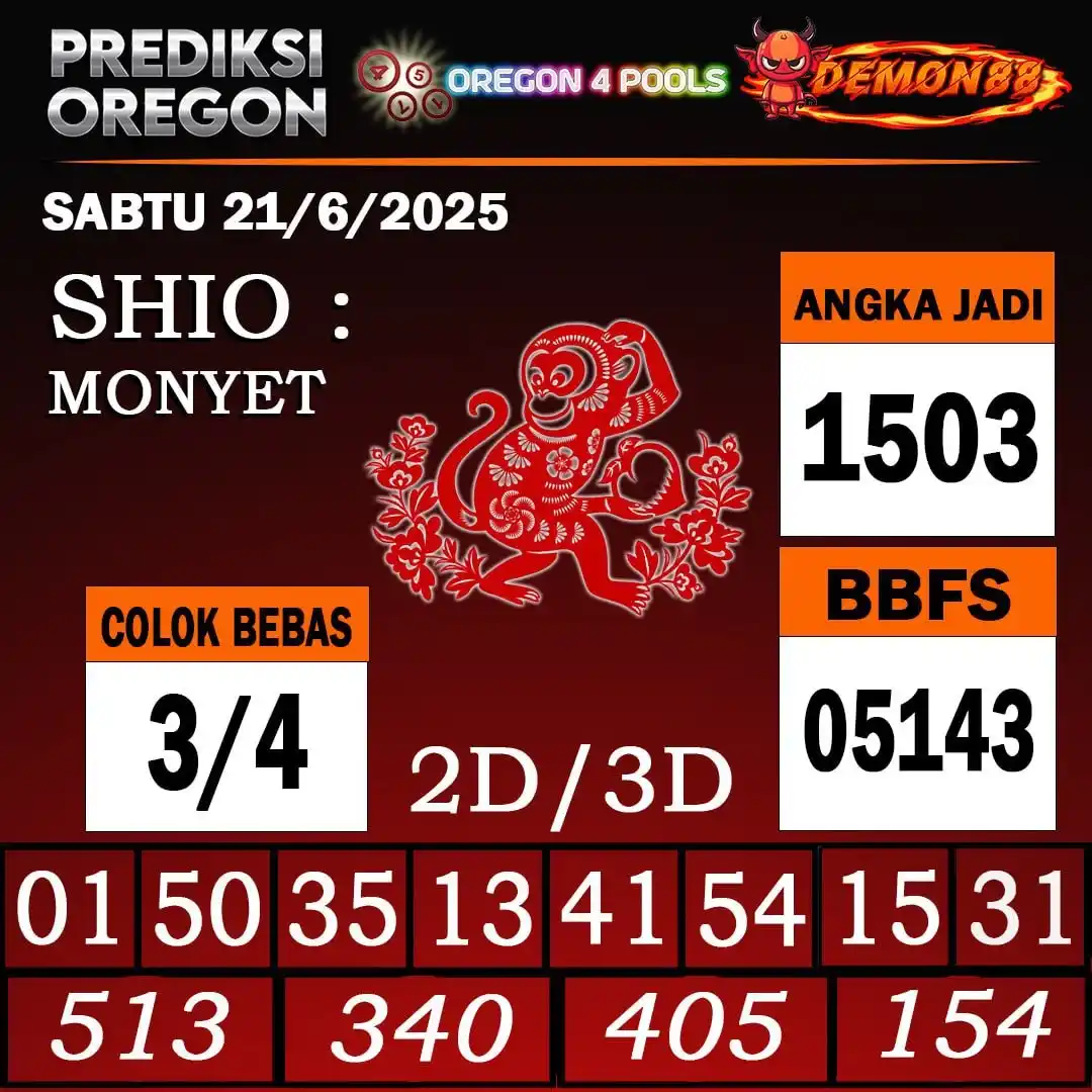 Image from PREDIKSI TOGEL ONLINE 4D DEMON88 Situs TOTO Togel 4D Online Terbaik Bandar Togel Online Terpercaya: PREDIKSI TOGEL OREGON 4  21 June 2025 BBFS : 05143 CB : 3/4 TOP 4D : 1...