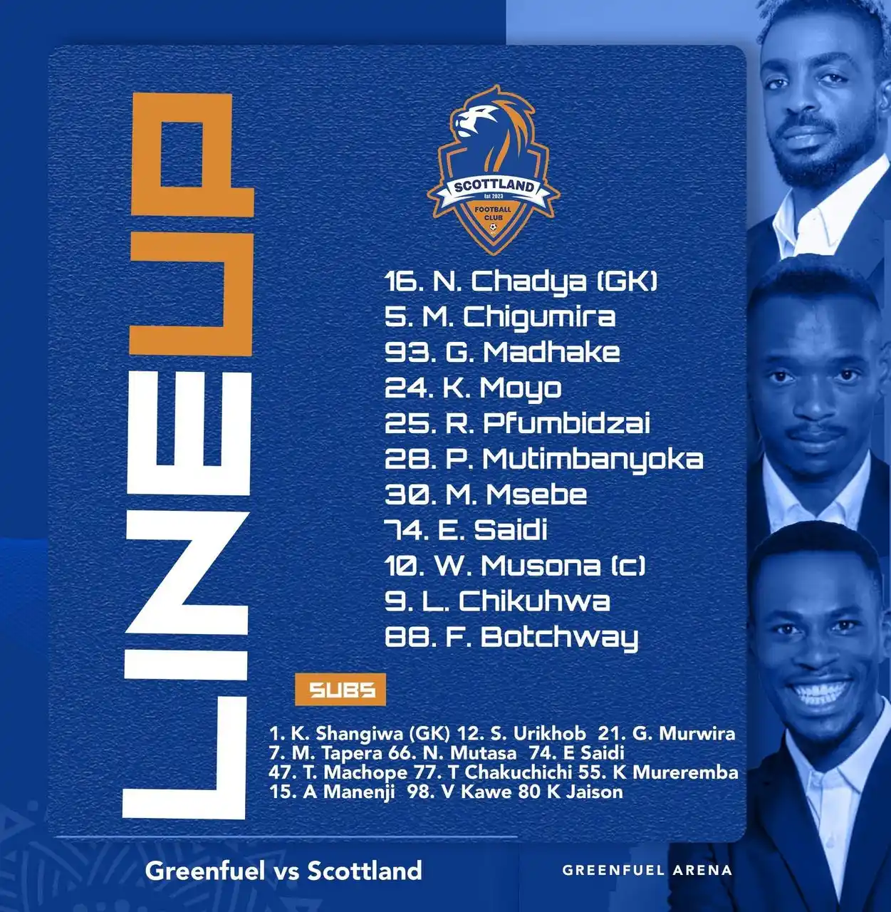 Image from Scottland Official CHANNEL: STARTING XI   This is how we line up against Greenfuel on Matchday 16 ...