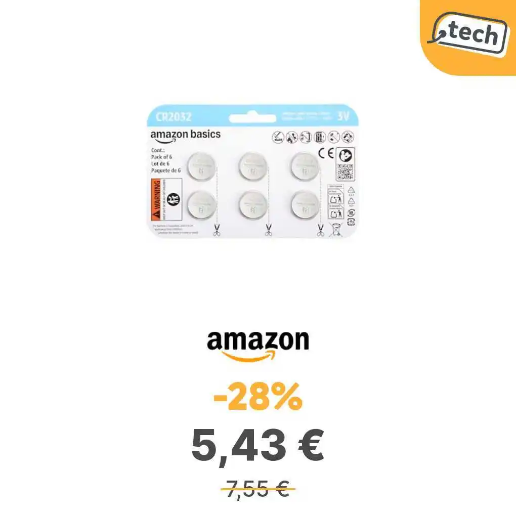 Image from offerte.club: *Amazon Basics, 6 batterie a bottone al litio CR2032, 3 Volt, lunga du...