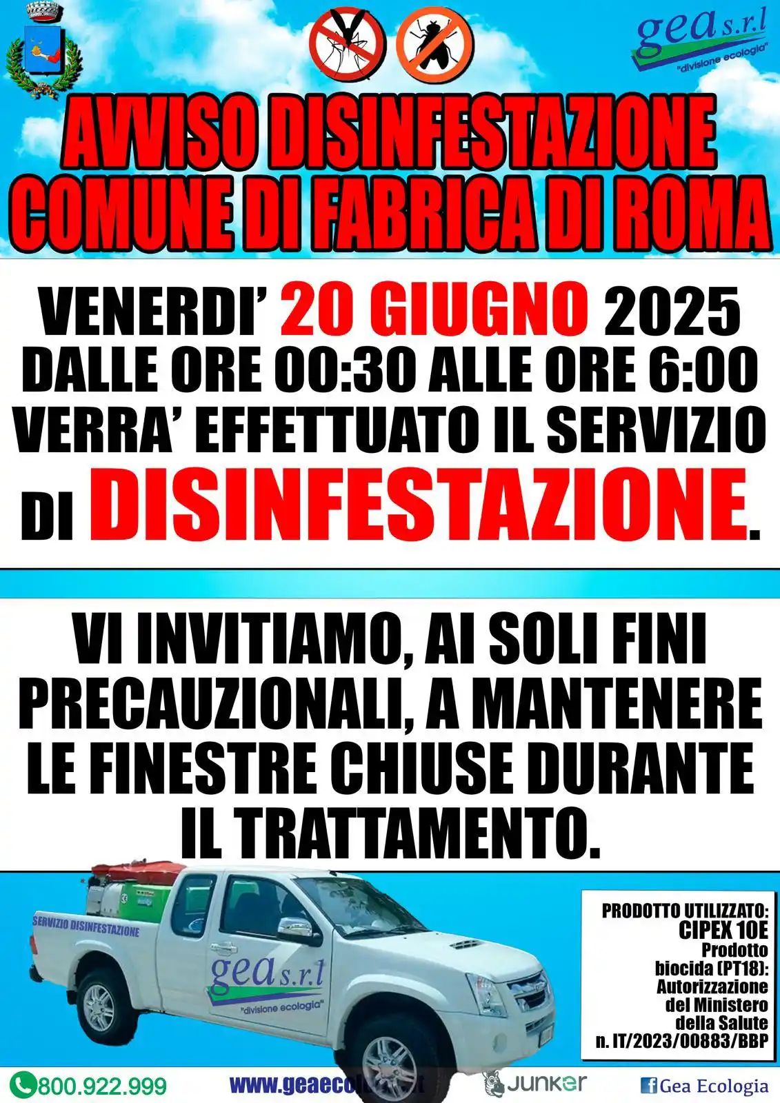 Image from Comune di Fabrica di Roma: 📣📣 ATTENZIONE: DISINFESTAZIONE ZANZARE‼️  📅 Venerdì 20 Giugno 2025 ...