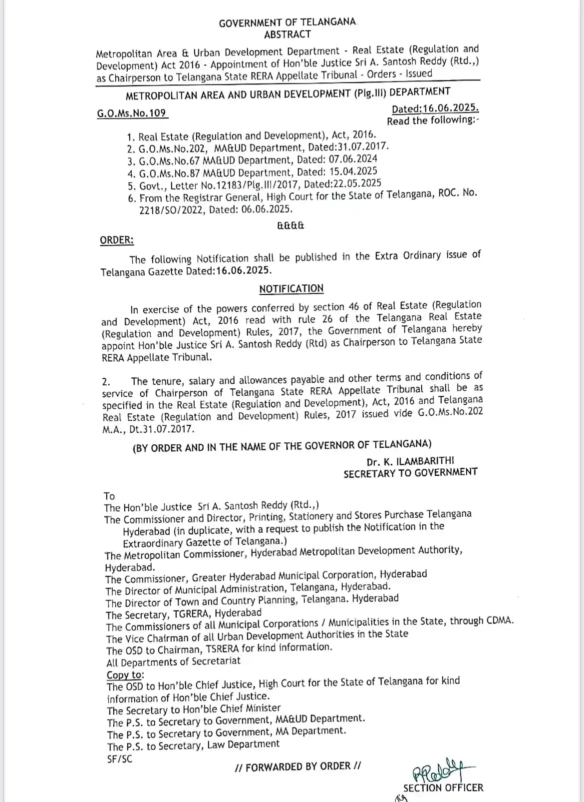 Image from Hyderabad Urban Housing & Real Estate: Justice A Santosh Reddy (retd) appointed as Chairperson Telangana RERA...