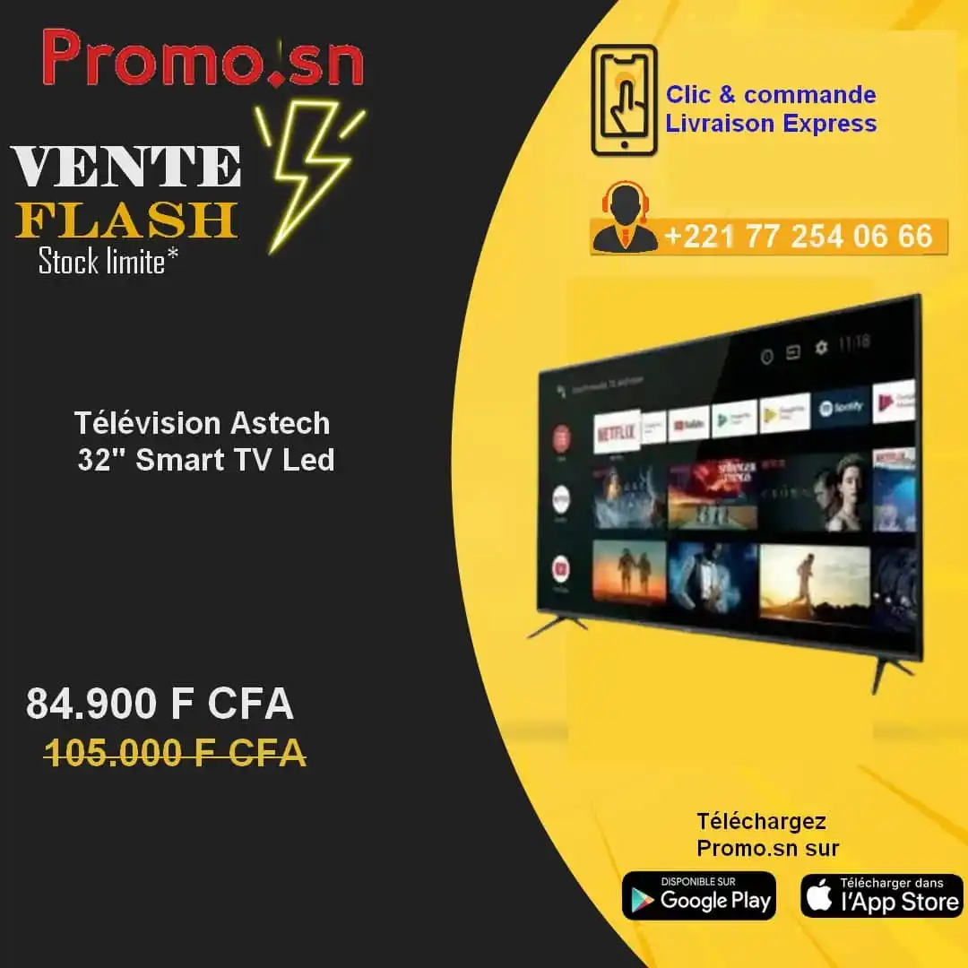 Image from Promo.sn: Télévision Astech 32″ Smart TV LED : Image nette, connectivité intelli...