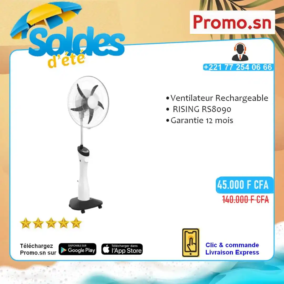 Image from Promo.sn: Ventilateur Rechargeable RISING RS8090 – Fraîcheur sans interruption !...