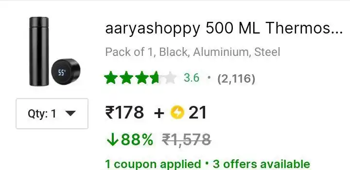 Image from Amezing Deals:  🔥500 ML Temperature Display Vacuum Bottle ₹178 + SC 21  https://fkrt...