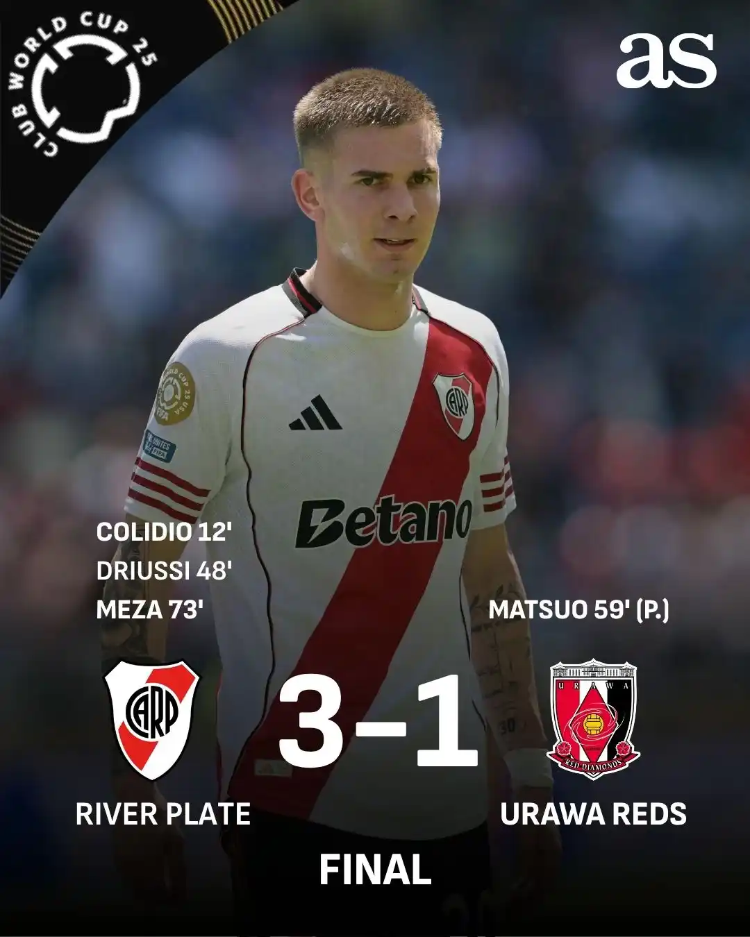 Image from Diario AS: 🇦🇷 ¡Debut con victoria del River de Mastantuono contra Urawa Reds!  ...