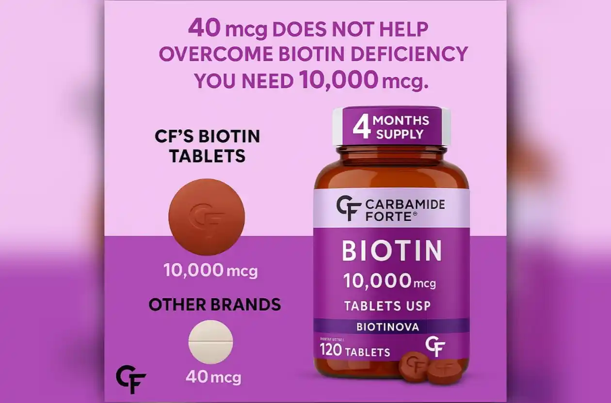 Image from DealsHub India: Carbamide Forte Biotin 10000mcg for Hair Growth, Skin & Nails - 120 Ve...