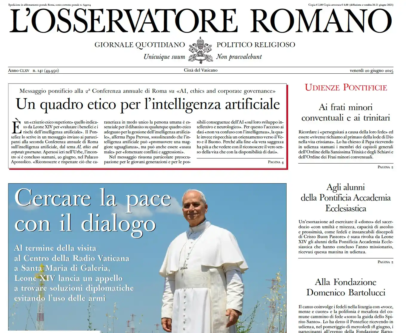 Image from L'Osservatore Romano: *Cercare la pace con il dialogo* Al termine della visita al Centro del...