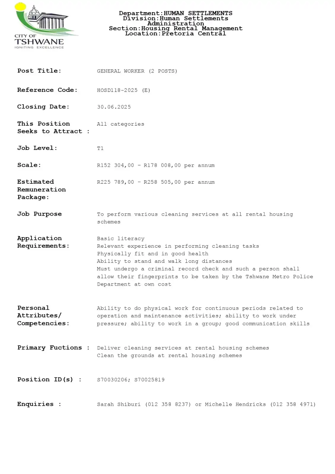 Image from Jobs & Learnerships in South Africa | Youthspace: City of tshwane General Worker Vacancy Scale: R152 304,00 – R178 008,0...