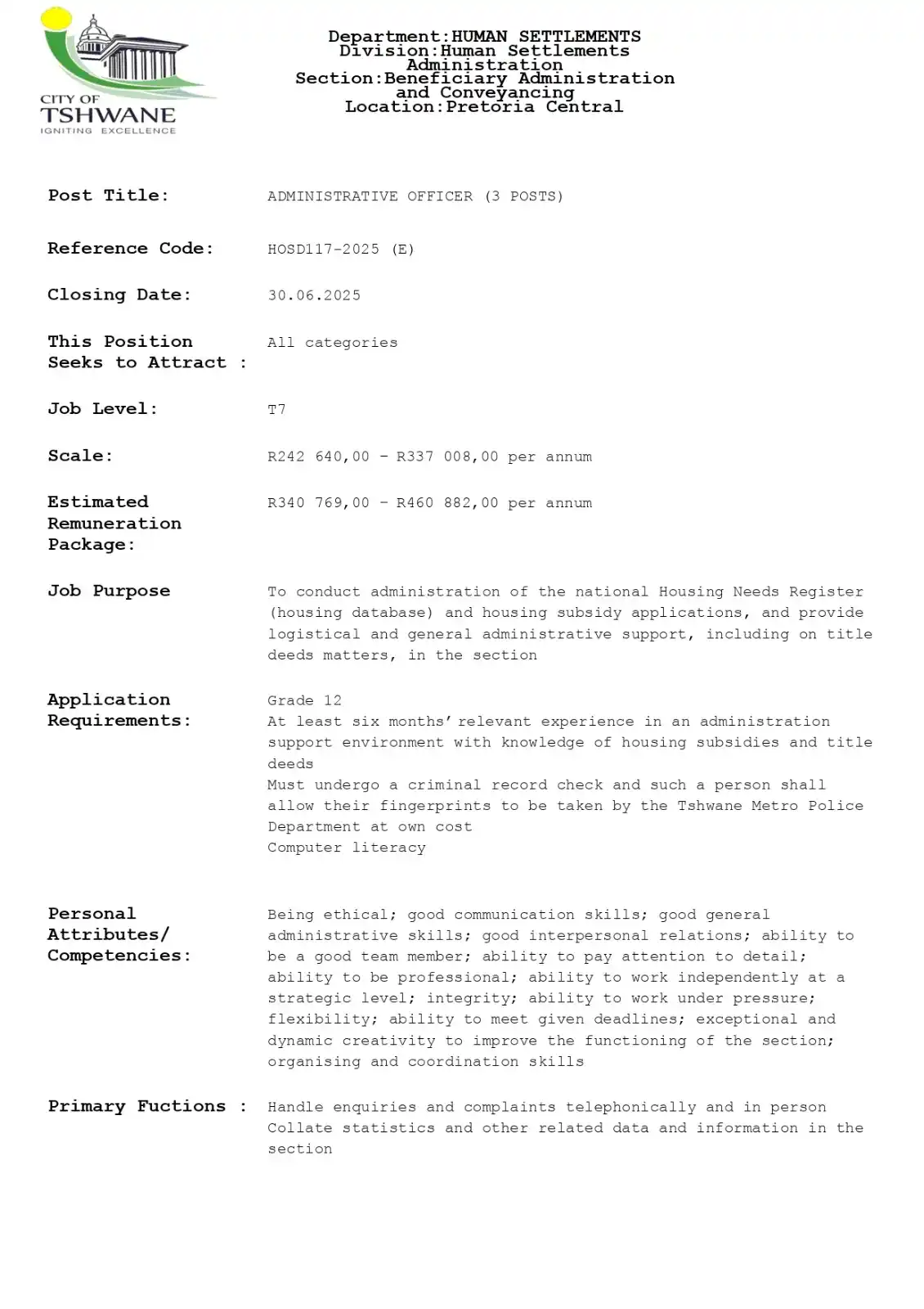 Image from Jobs & Learnerships in South Africa | Youthspace: City of Tshwane hiring people with grade 12 Job title: Administrativ...
