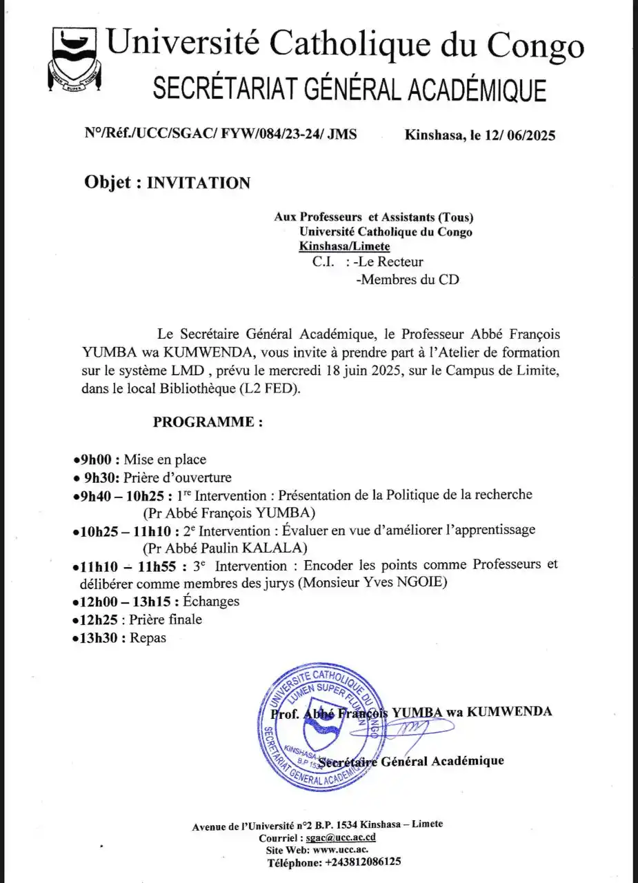 Image from Université Catholique du Congo, UCC en Sigle.: 📣 *Invitation à l’Atelier sur le système LMD – UCC  Le Secrétaire Gén...
