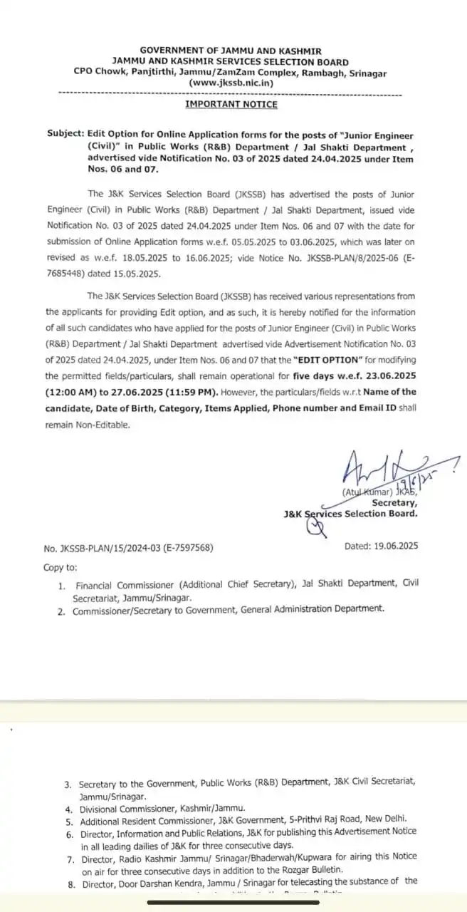 Image from Sagar Sajad Shah: _*JKSSB - Notice regarding Edit Option for Online Application forms fo...