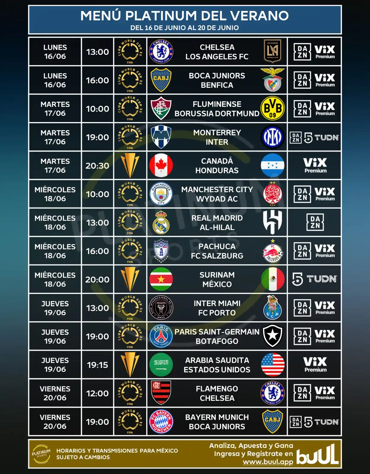 Image from PLATINUM Sports: ¡MENÚ PLATINUM DE LA SEMANA!  ➤ Mundial de Clubes ➤ Copa Oro  Semana c...