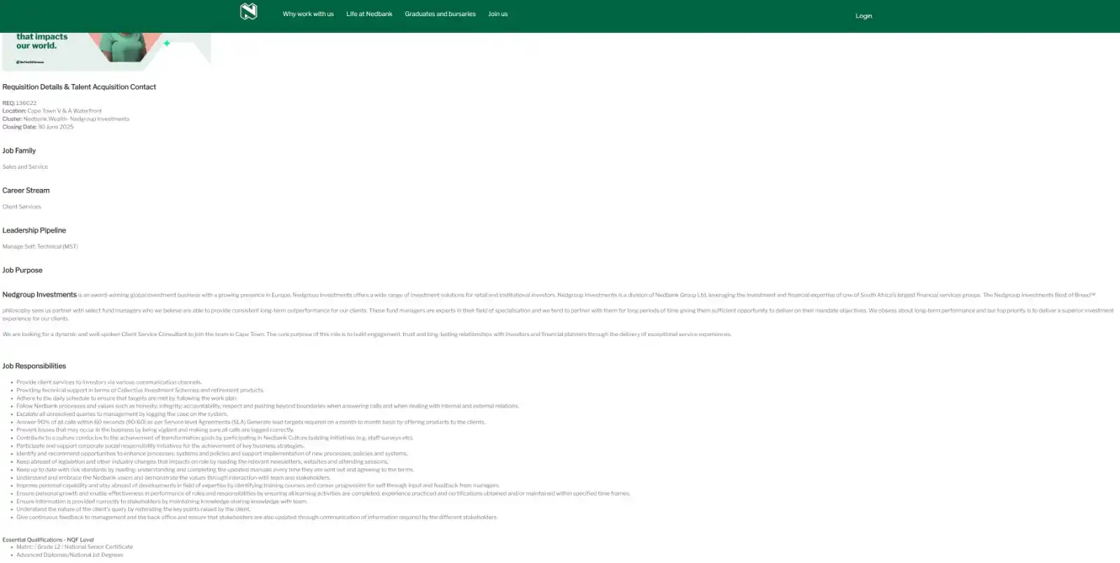 Image from Jobs & Learnerships in South Africa | Youthspace: Nedbank Group Client Service Consultant Vacancy Location: Cape Town, V...