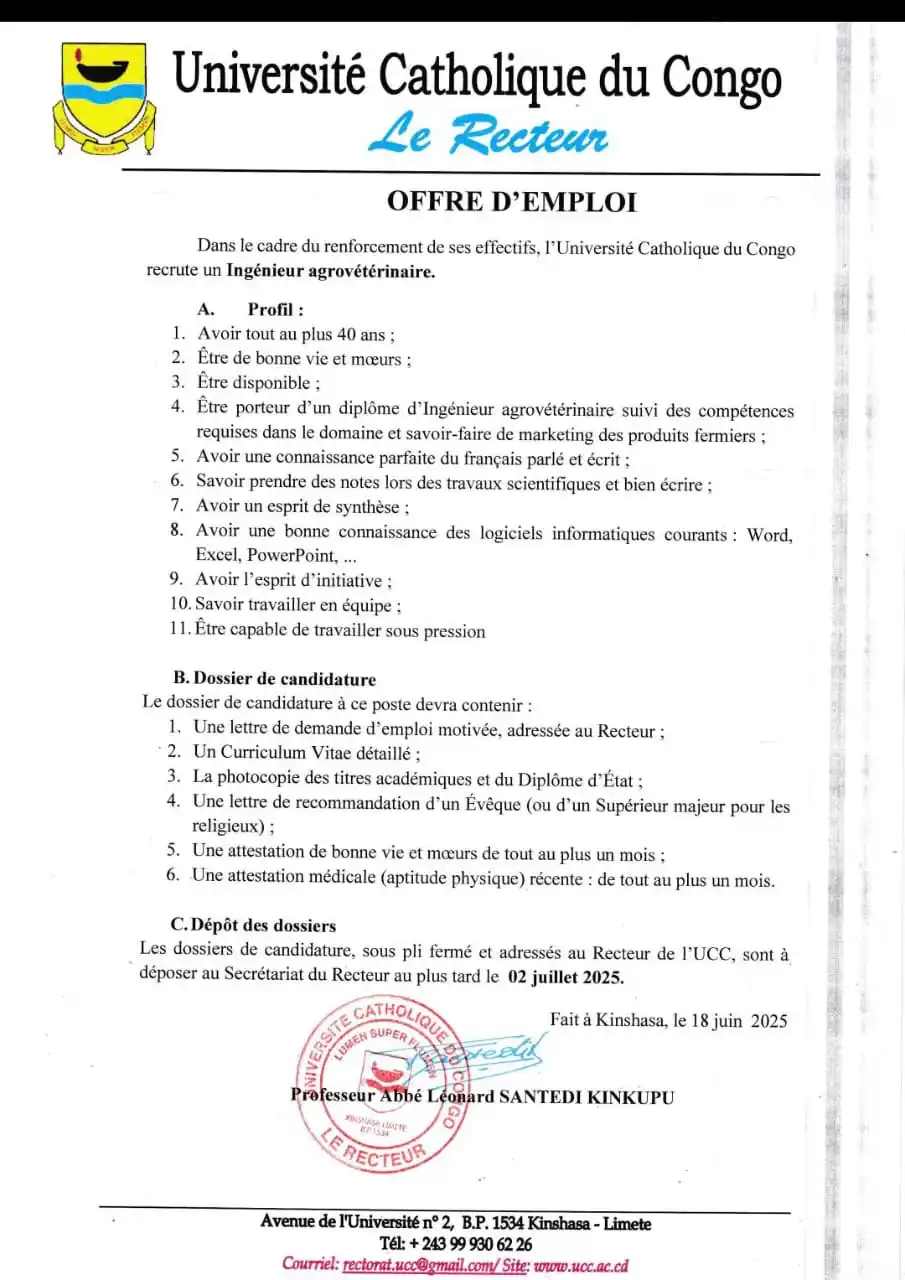 Image from Université Catholique du Congo, UCC en Sigle.: 📢 OFFRE D’EMPLOI – UCC  L’Université Catholique du Congo recrute un I...