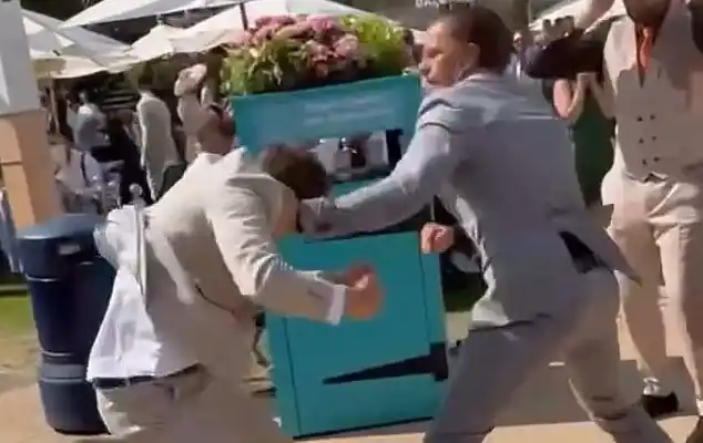 Image from Daily Mail: Shocking moment lads fight each other at Royal Ascot as bloody brawl e...