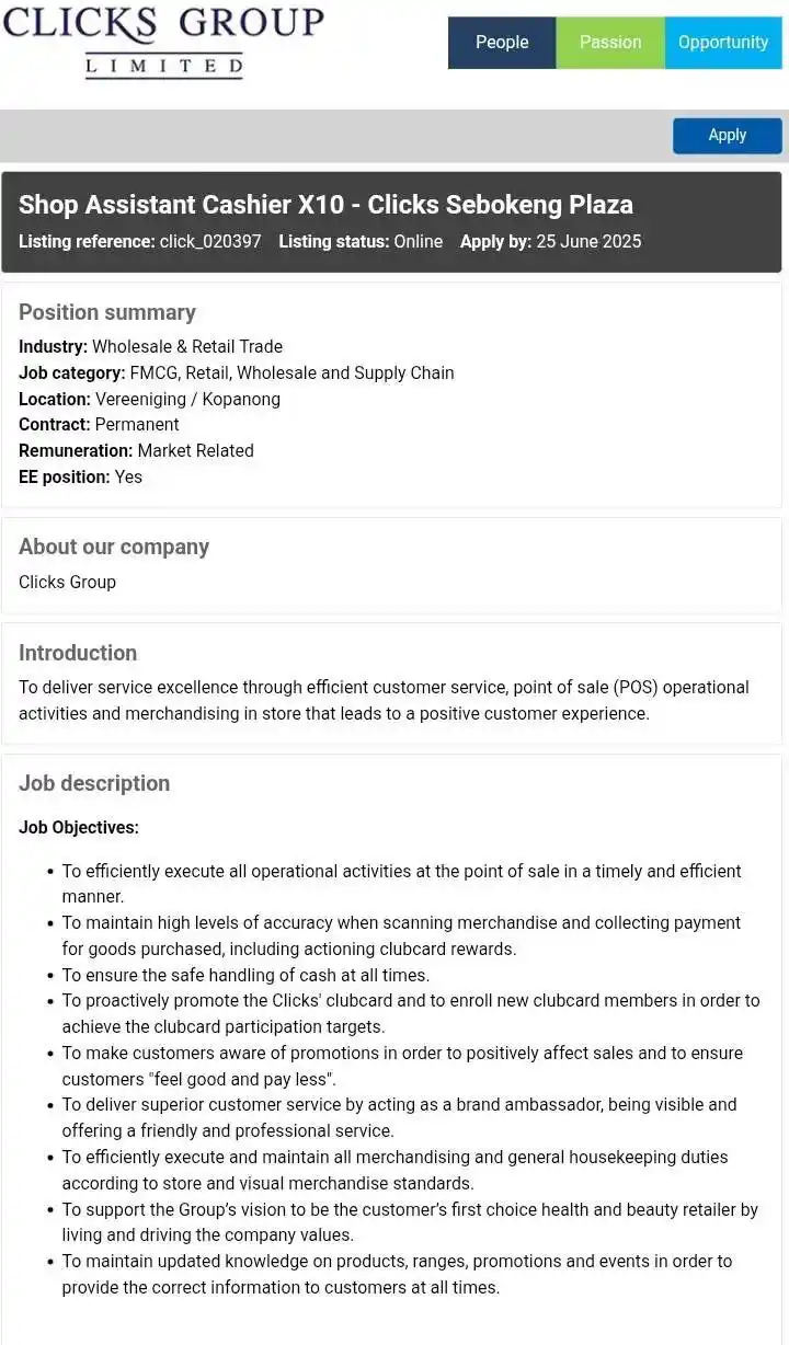 Image from Jobs & Learnerships in South Africa | Youthspace: Shop Assistant Cashier x10  Clicks Group Limited  Sebokeng Plaza, Vere...