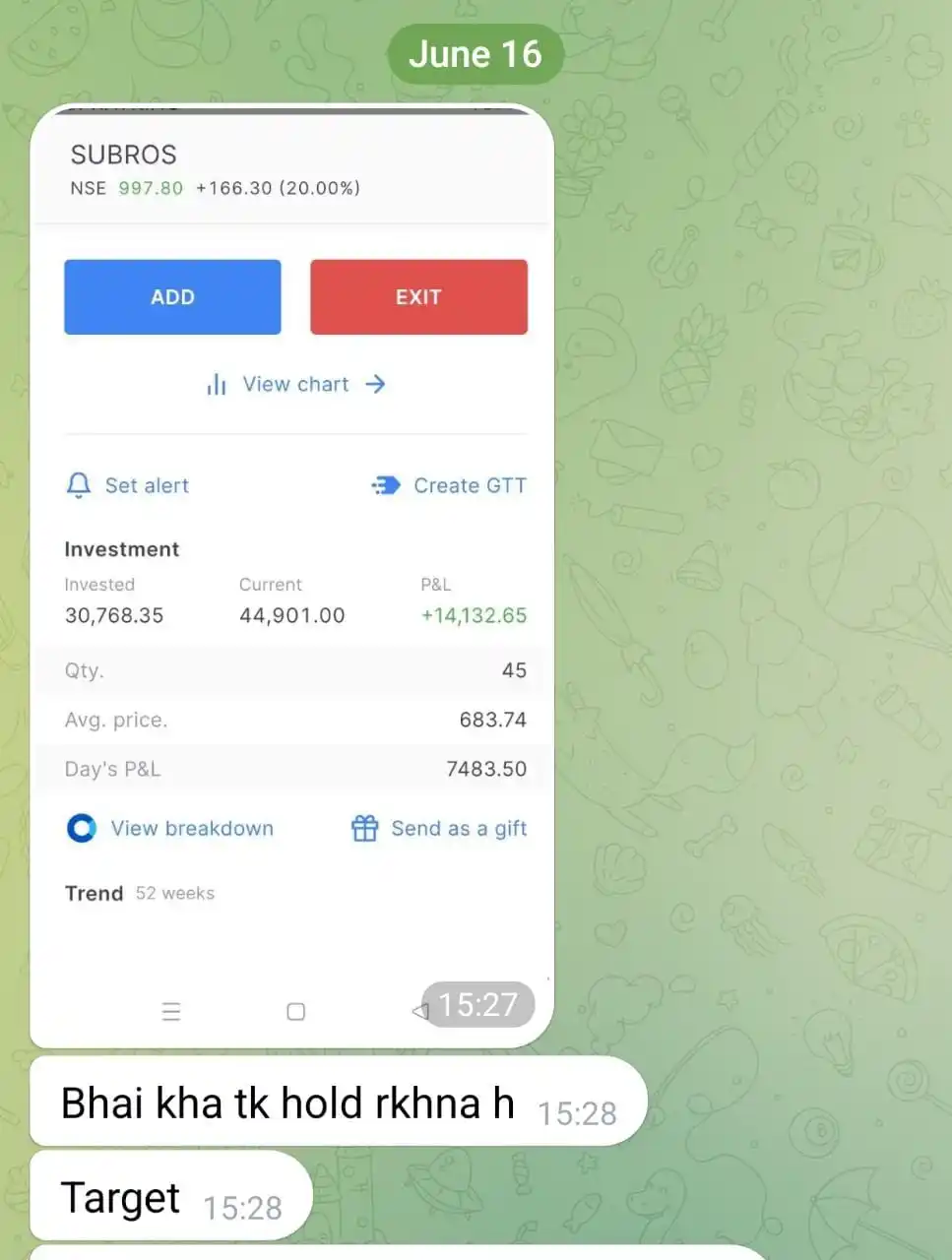 Image from INVESTOR ASHISH: *Subros 20% Upper circuit today...Premium members proof* 🥳🥳...