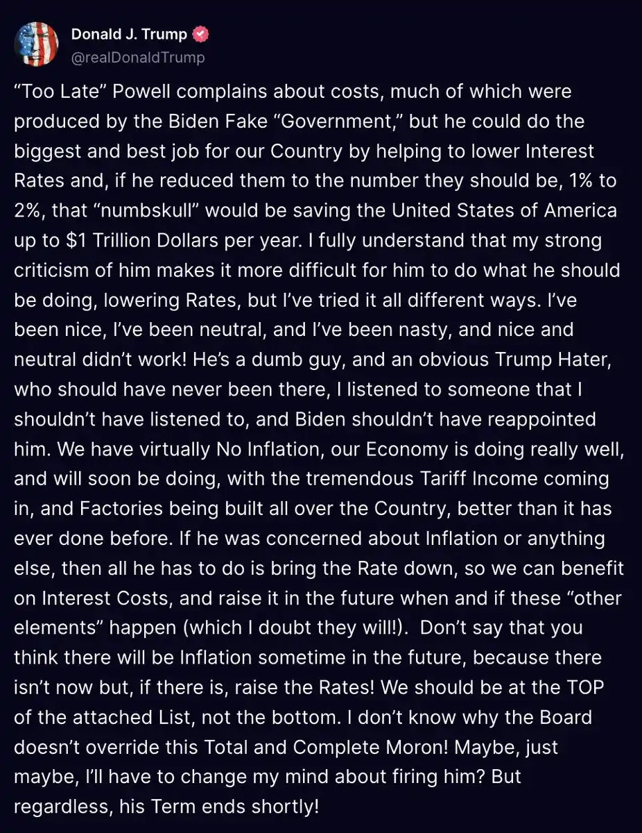 Image from Inspired Analyst: Trump with a massive paragraph about Fed Chair Powell just now: Trump...