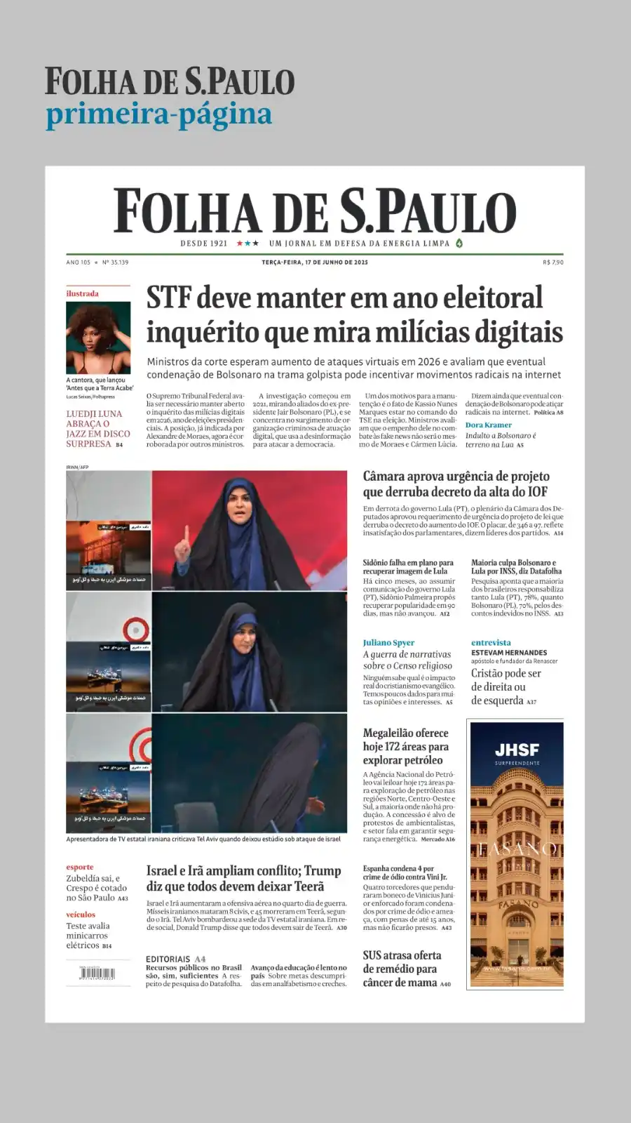 Image from Folha de S. Paulo | Notícias de hoje do Brasil e do mundo: 📰 Veja a capa da *folha* desta terça-feira (17). 📲 Leia a edição dig...